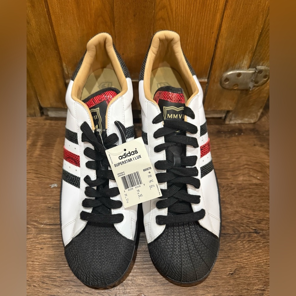 Adidas White, Black, and Red Superstar Lux Sneakers